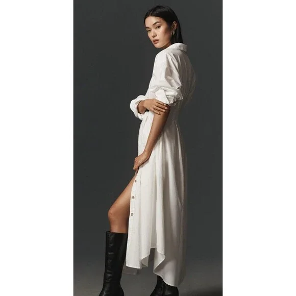 anthropologie pleated buckle midi shirt dress Anthropologie Midi Shirt Dress Ivory Long Sleeve Pleated Buckle Retro Size  6 NWT Midi